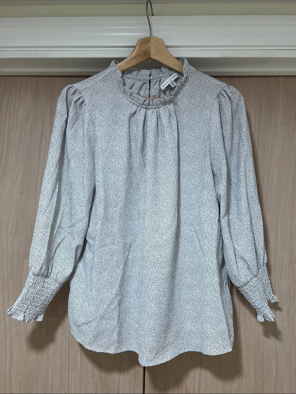 Smocked-Neck Long-Sleeve Blouse in Light Gray by Maison D’Amelie